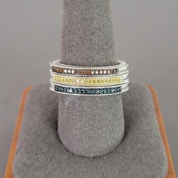 Set of 3 Sparkling Silver & Multi Color Sapphire Stackable Bands - Picture 1 of 10